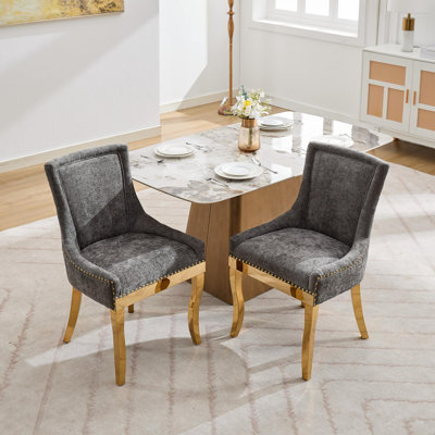 Liora Modern Glam Chenille Upholstered Dining Chairs with Gold-Plated Legs and Seamless Contour Design