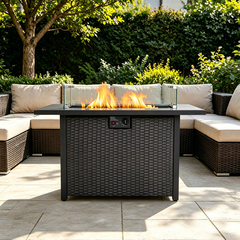 Rectangular 44 Inch Propane Fire Pit Table with Tempered Glass Wind Guard Tabletop, Black