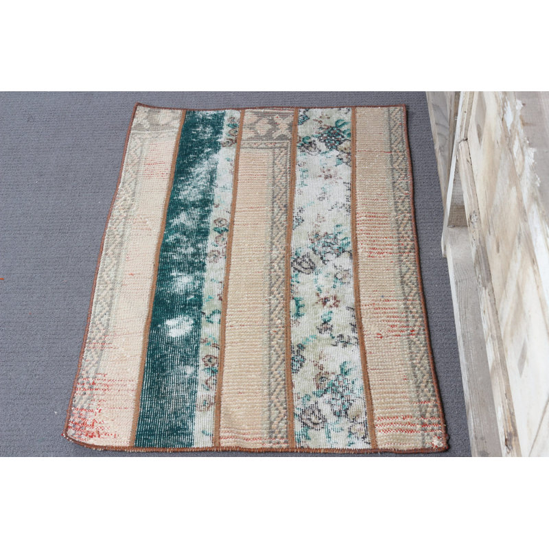 Small Vintage Turkish Rug Patchwork In Beige Ideal For Kitchen Use And As An Eclectic Door Mat Reflecting Antique Pale Anatolian Artistry