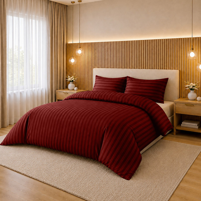Bedroom Microfiber Striped Duvet Cover Set with Pillowcases Included, Burgundy
