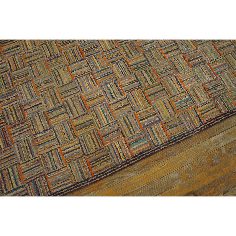 Wool Multicolor Antique American Folk Art Hooked Hallway Runner Rug