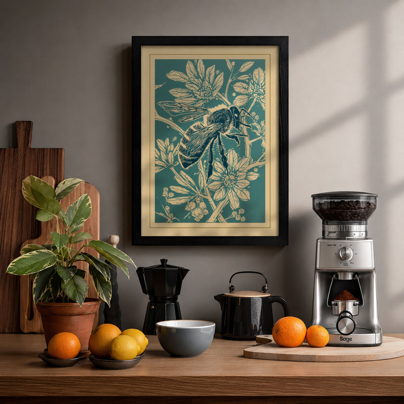 Bee Among Botanicals Botanical - Framed Print, Black, A4 - 29.7 x 21.0 cm