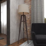 Wood Tripod Room Floor Lamp with Cream Linen Shade