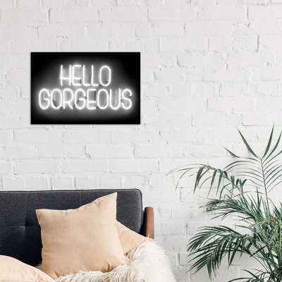 Neon Hello Gorgeous White On Black by Hailey Carr - Wrapped Canvas Print