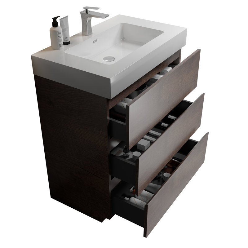Meuble-lavabo de salle de bain - noyer de 30 po, organisation améliorée, lavabo blanc, mécanisme de tiroir silencieux en noyer, élément de rangement contemporain, grand rangement, lavabo, tiroirs