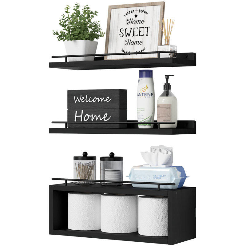 Floating Shelves For Wall With Cube Shelf, Wall Shelves With Metal Rail For Decor, Bathroom Organizers And Storage, Over Toilet Shelves For Bathroom, Black