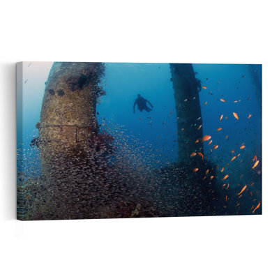 Diver At Ocean Pillars Vibrant Contemporary Fish Nature Ocean Wall Art Print