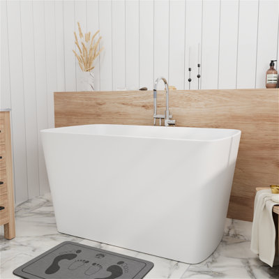47'' x 27'' Freestanding Solid Surface Soaking Bathtub with Interior Seat for Small Space Room with Pop-up Drain And Overflow