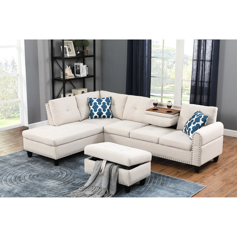 98 po de largeur faisant face à la gauche et méridienne avec. Lin en beige. Coussins modulaires en mousse. Accoudoirs arrondis. 71 po x 33 po. 172,98 lb beige coussiné - large, texturé,