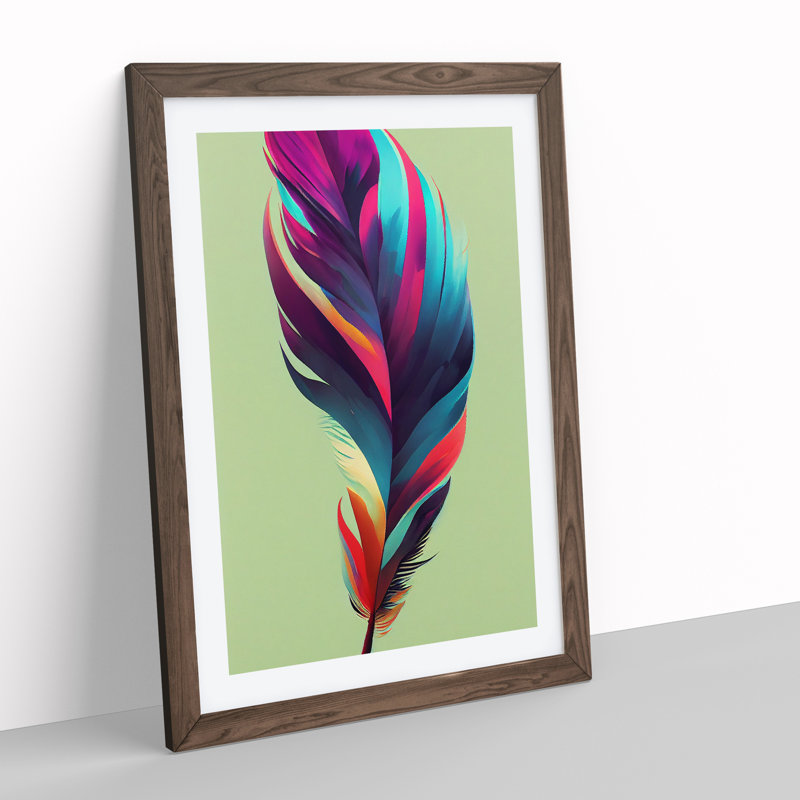 Colourful Feather No.3 - Wall Art, 66cm H x 48cm W x 2cm D, Walnut Framed, White