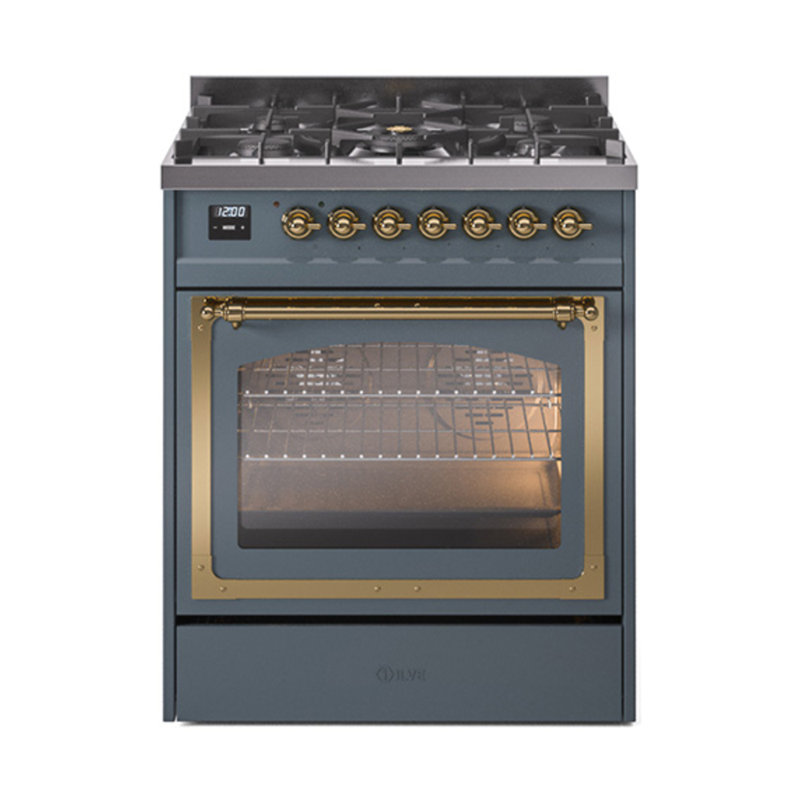 ILVE Nostalgie II Noblesse 30 in Dual Fuel Range, Blue Gray/Brass, Natural Gas