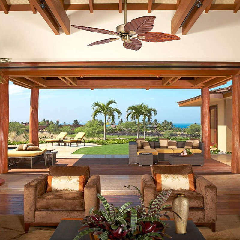 Aged Brass 52" Tropical Ceiling Fan with Wooden Leaf Blades