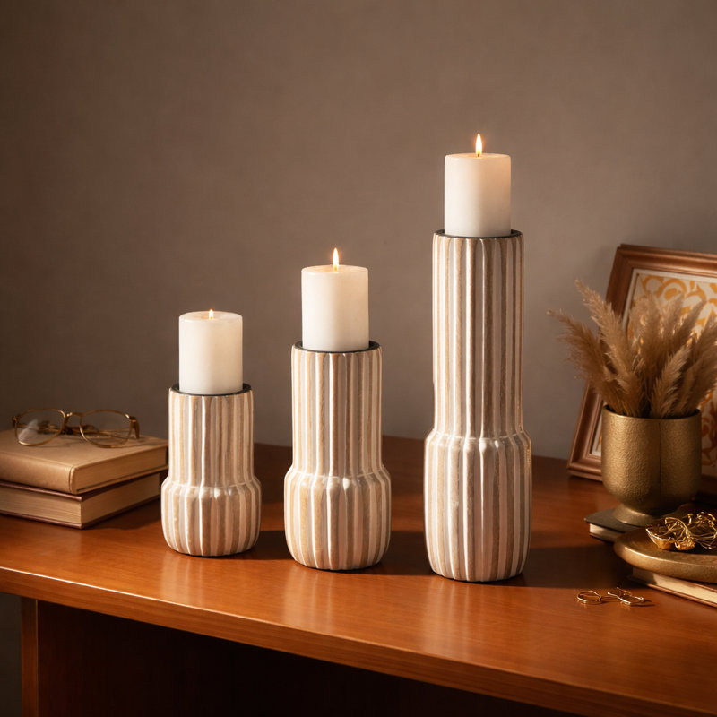 Wood Candle Holder | Decorative Wooden Candle Holder | Whitewash Finish | 4x8", 8" H X 4" W X 4" D