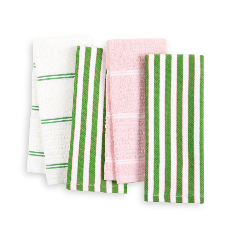 Green and Pink Striped Cotton Kitchen Towel Set of Four