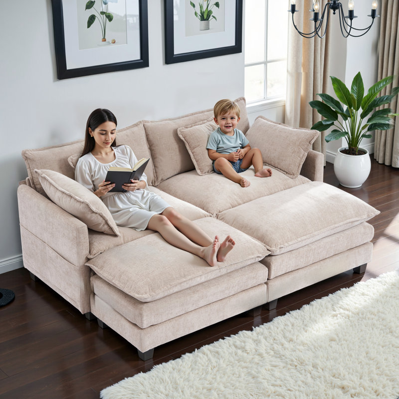 Chenille Modular Sleeper Sofa | Cloud Style Convertible Sectional Couch, Soft Fabric, Modern Living Room Furniture, Khaki
