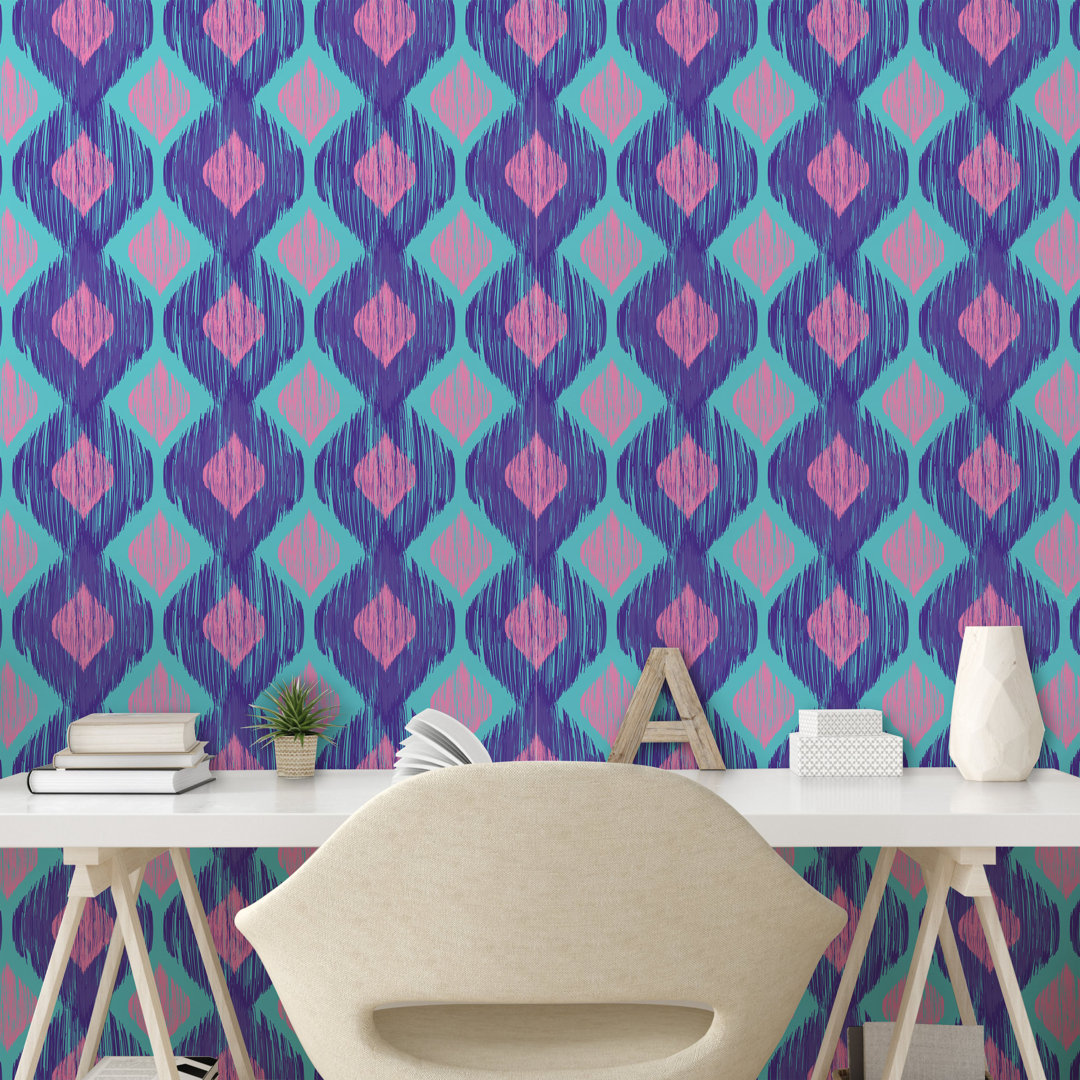 Abzieh- und Klebetapete, Stammes- abstrakte Ogee Shapes, Ikat, Purple Sky Blau und Pink