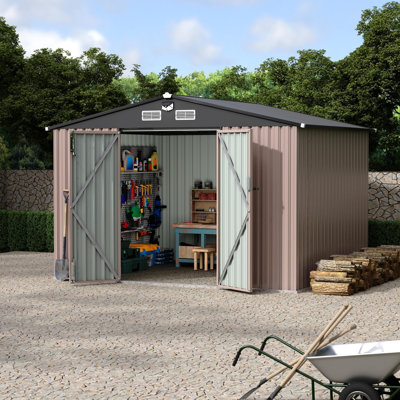 8x10 FT Heavy Duty Metal Outdoor Storage Shed – Secure Lockable Door, Air Vents, All-Weather Utility Unit for Backyard, Patio, Lawn (Dark Top + Brown Board with Solar Light)