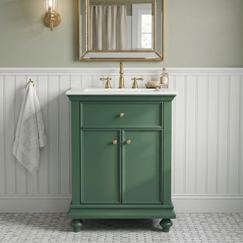Meuble-lavabo moderne de 24 po de couleur verte avec un tiroir basculant, des charnières à fermeture douce et silencieuse, une structure à dossier ouvert et des pieds tournés en boule, une structure de qualité supérieure résistante à l'humidité et à l'humidité