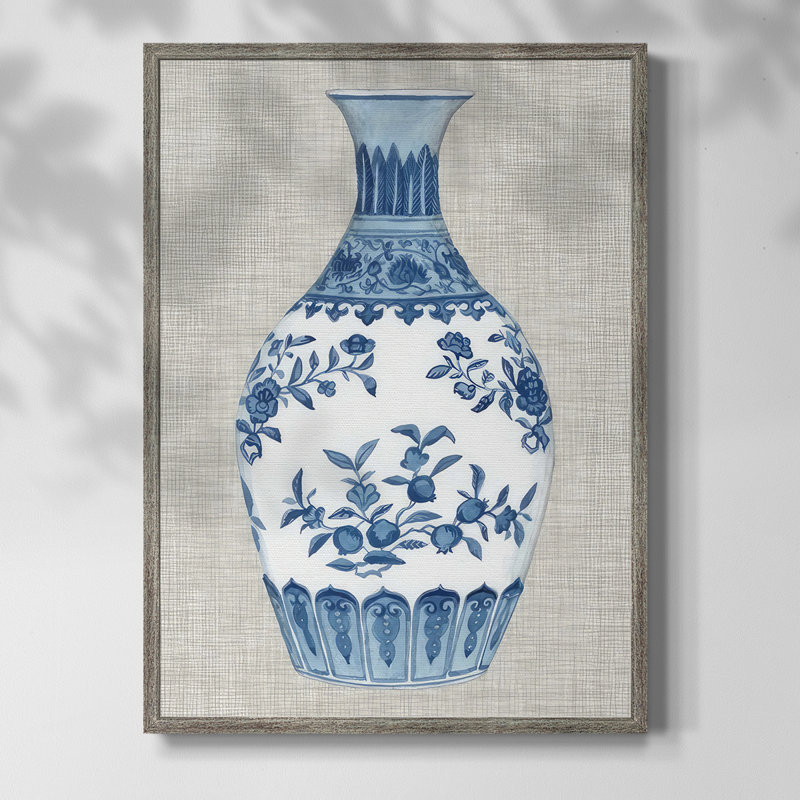 «Ming Vase on Linen III», reproduction encadrée - bois massif, H 30 po x l 24 po