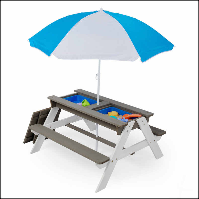 Table de pique-nique d'extérieur en bois convertible 3-en-1 pour enfants avec parasol réglable, sable et jeu d'eau, gris ASTM