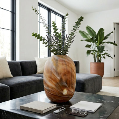Decorative Sculpted Glass Vase with Swirl Design for Home Decor - Sleek Tall Table Vase Accent for Living Room Styling & Flowers Arrangement - Brown