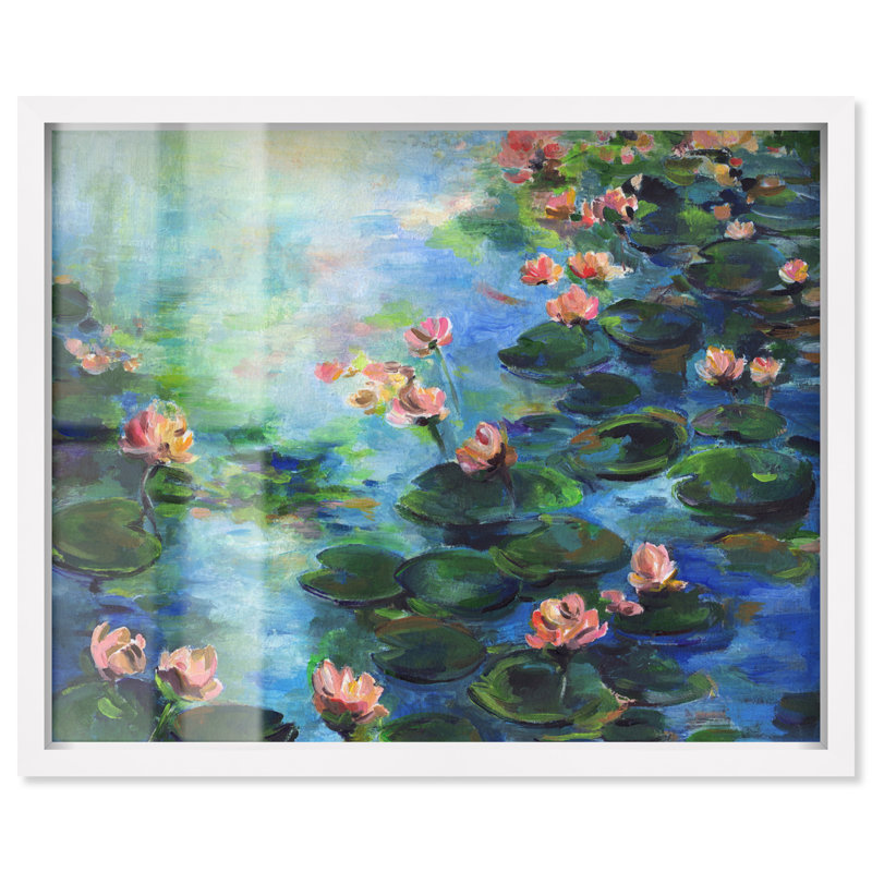 «Aqua Lily Landscape & Nature», grande reproduction d'ombre surdimensionnée 1 pièce par Art Remedy, cadre blanc, 60 x 48