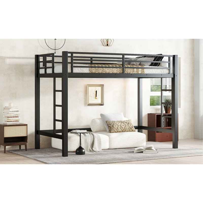 Lit mezzanine simple en métal de taille XL, lit mezzanine avec échelle facile à monter et garde-corps, noir, Twin XL, Black