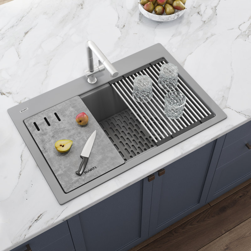 Ruvati 33-inch Granite Composite Quartz Workstation Drop-in Topmount Kitchen Sink, Silver Gray