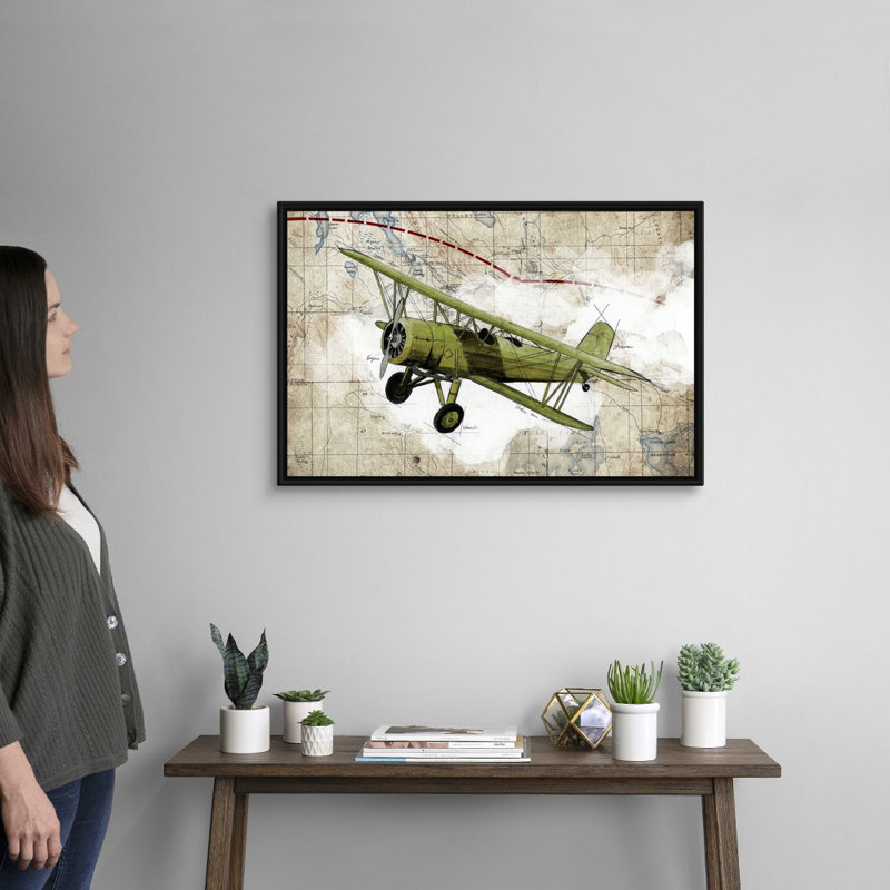Biplane, impression d’art graphique sur toile, H 22 po x l 32 po x P 1,75po, Toile avec cadre flottant noir