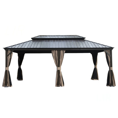 12' X 18' Hardtop Gazebo, Upgraded Metal Gazebo With Drainage System, Dual-Layer Galvanized Steel Roof, Curtain And Netting, Outdoor Shelter Canopy For Patio, Garden, And Backyard