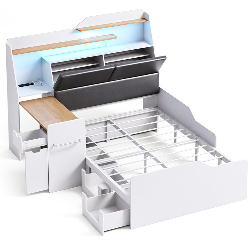 Modern Upholstered Bed Frame with LED Lights, Charging Station and Pull-Out Desk, Queen