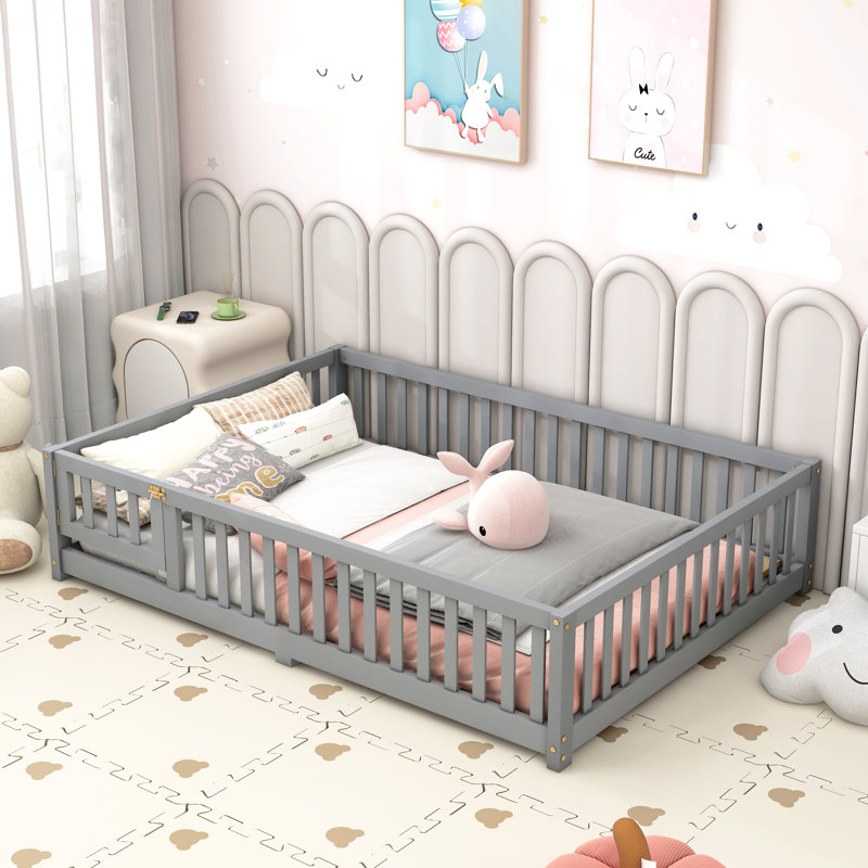 Solid Wood Full Floor Platform Bed With Fence, Grey
