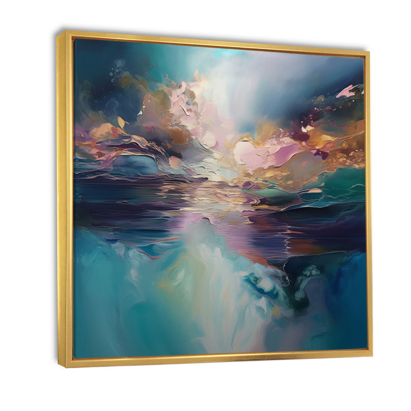 «Spiried Ocean Sunset In Shades Of Blue», art mural abstrait sur toile, 16" H x 16" W, Cadre flottant doré