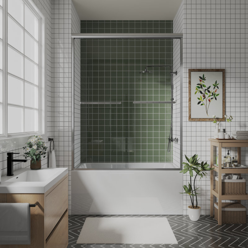 56 In.-60 In. W X 58 In. H Sliding Framed Tub Door With Clear Glass, Brushed Nickel