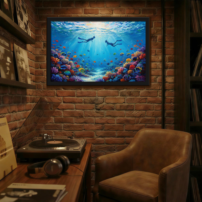 Paysage et nature, récif de corail sous-marin avec plongeurs et poissons, H 20 po x l 30 po