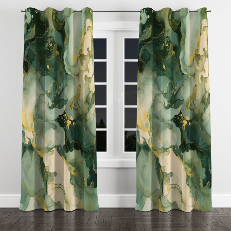 «Green Luxury Abstract Fluid Art I» - Rideau à œillets occultant moderne - 1 panneau, l 52 po x L 90 po, Golden Grommets