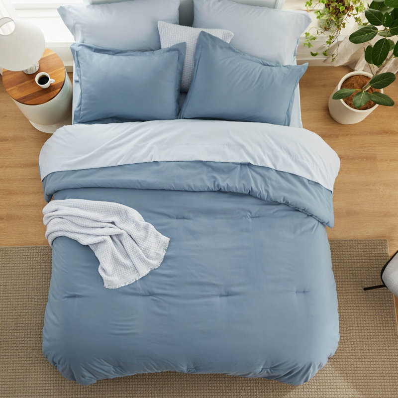 Ensemble d'édredon pour grand lit 7 pièces - Ensemble de literie grand bleu grisâtre pour toutes les saisons, lit de style bohème contrastant dans un sac avec édredon, draps, taies d'oreiller et taies décoratives
