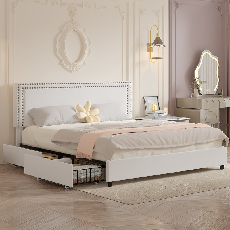 White Velvet Upholstered King Platform Bed with Storage Drawers
