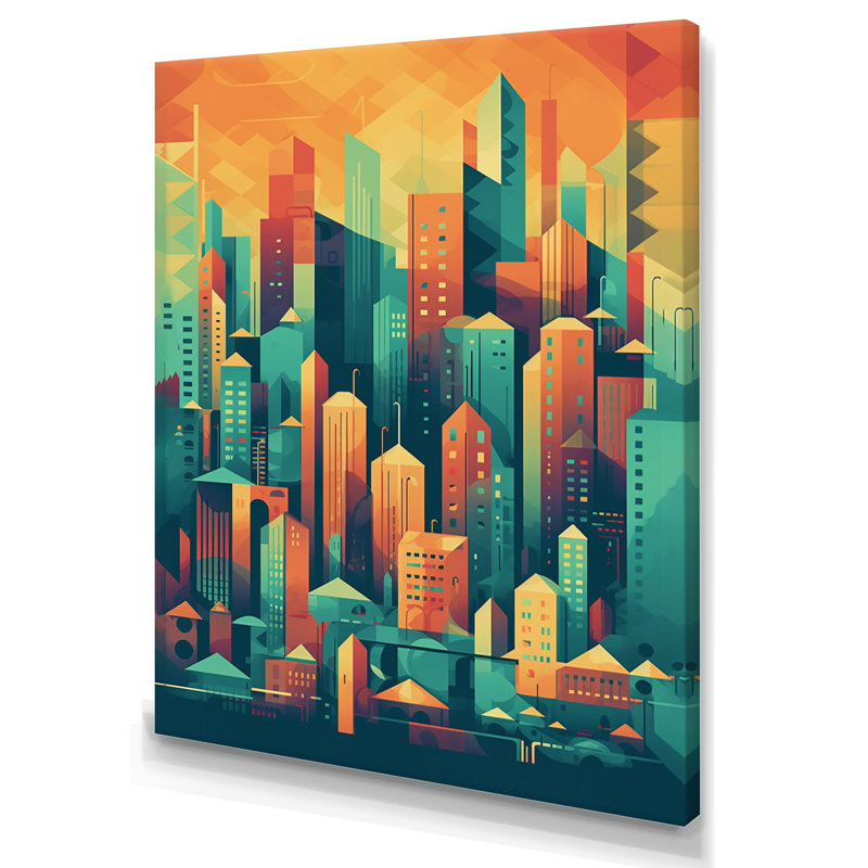«Lynkin Blue and Orange Retro Cityscape II», reproduction sur toile, H 20 po x l 12 po x P 1 po, Toile tendue