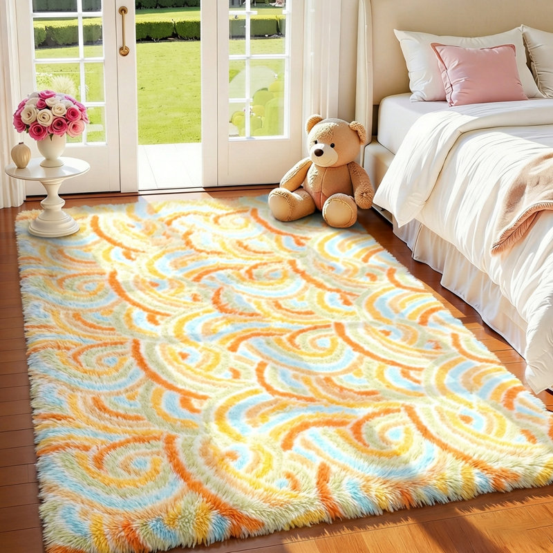 Non-Slip Cute Fluffy Shag Area Rug, Rectangle 6' x 9', Orange/Blue/White