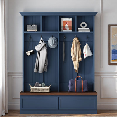 Farmhouse Hall Tree With Wood Grain Bench, Coat Rack, 2 Large Drawers And Open Storage Space