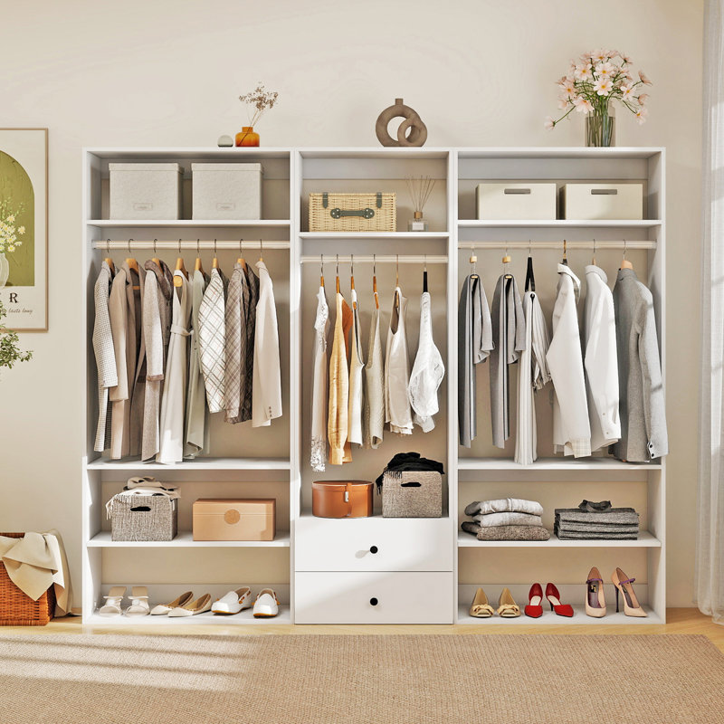 White Modular Walk in Closet Organizer System with 3 rods,7 shelves and 2 drawers