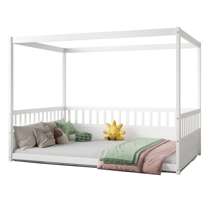 Full Size Canopy Bed Frame With Guardrails For Kids,floor Bed Full With Four Poster Design