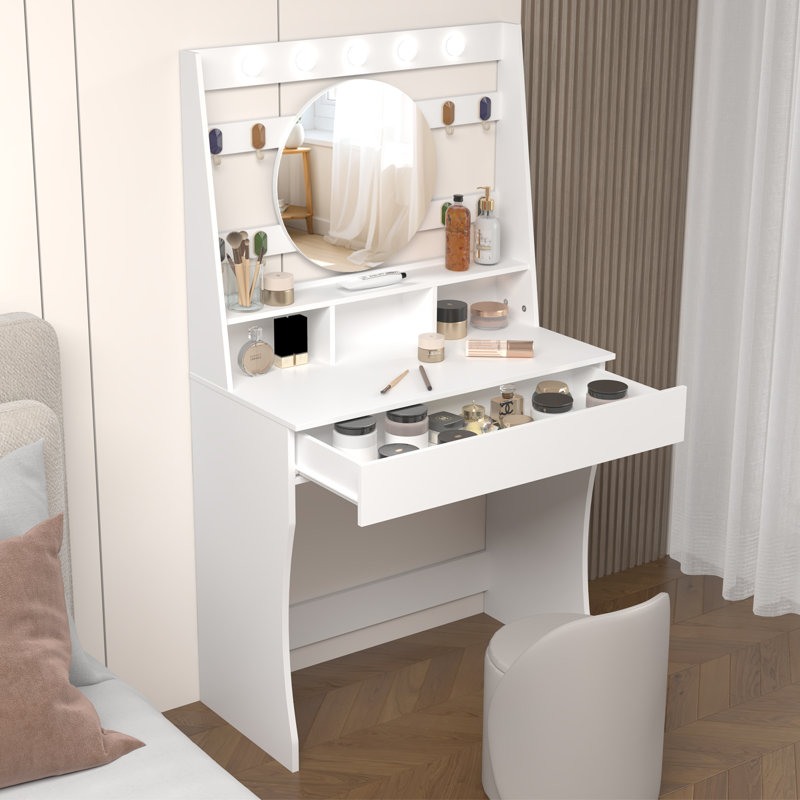 Tamme Modern Dressing Table with Lighted Round Mirror & Storage, Compact Vanity Desk, White