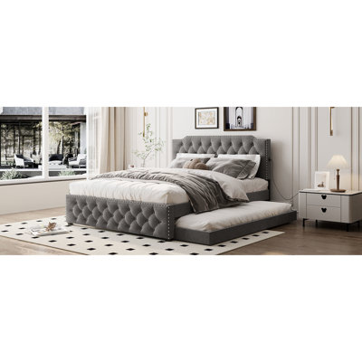 Grand lit plateforme tapissier avec lit gigogne simple et chargeurs, options de chargement en lin gris