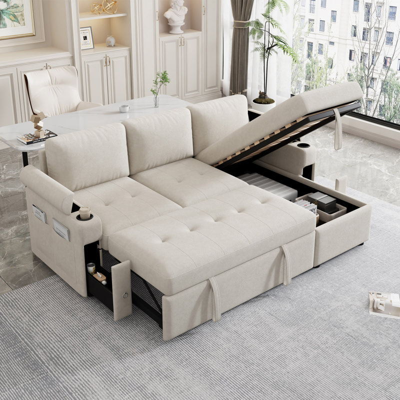 83.5" L-Shaped Sofa Couch Convertible Sofa Bed Sectional Sofa With Ample Storage Space, Two Cup Holders And Two USB Ports For Living Room