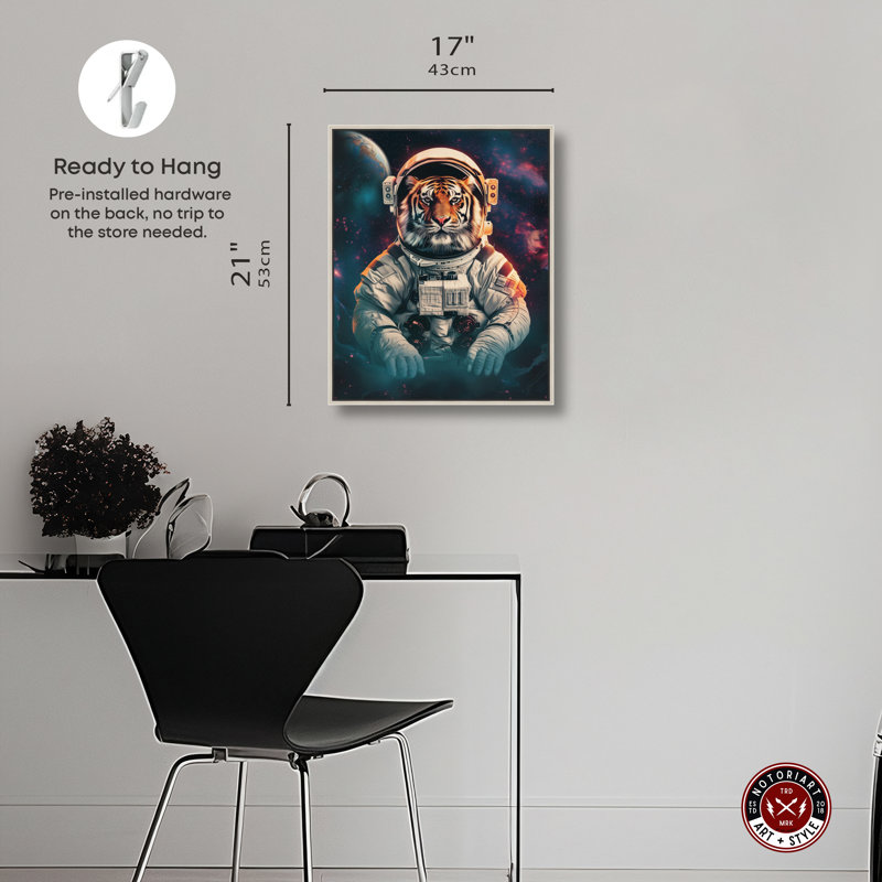 «Astronaut Tiger», art mural par Notoriart, Cadre argenté, H 21 po x l 17 po