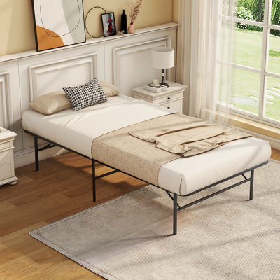 Cadre de lit simple pliant, lit plateforme en métal robuste avec rangement sous le lit de 14 po, aucun sommier nécessaire, assemblage facile sans outil pour le dortoir, chambre d'amis, chambre d'enfant