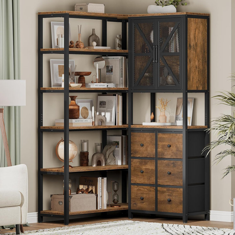 70.9H Bookcase 6 Tier, " Convertible Tall Bookshelf With 6 Fabric Drawers, Brown/Black
