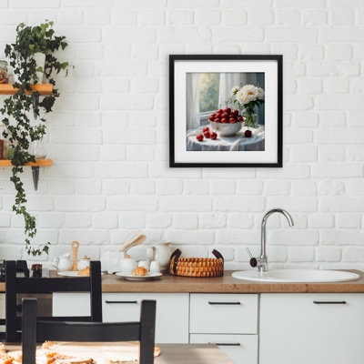 «Cherries & Flowers Still Life», reproduction encadrée sous verre, lettrée et doublée